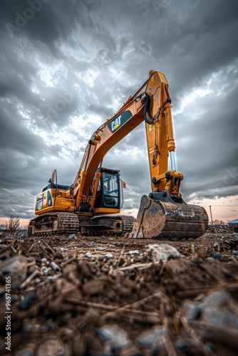 Construction site at dusk featuring a CAT excavator digging into the earth under a dramatic sky filled with clouds