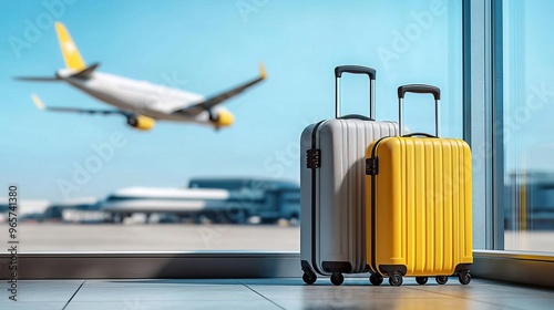 Two suitcases in airport terminal with airplane taking off in background.