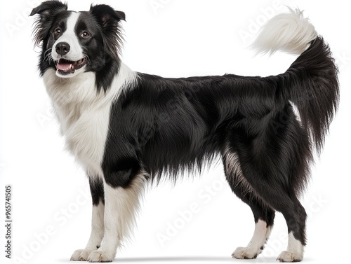 Beautiful border collie dog standing and looking away on white background