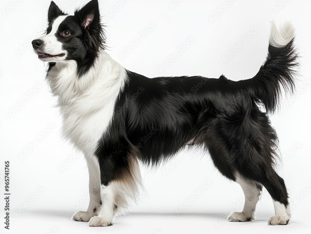 Beautiful border collie dog standing and looking away on white background Beautiful border collie dog standing and looking away on white background
