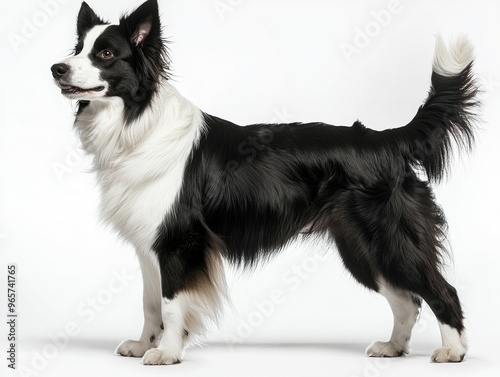 Beautiful border collie dog standing and looking away on white background