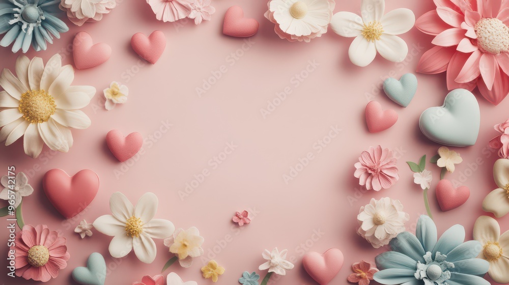 Pastel Flower and Heart Frame on Pink Background for Valentines Day Pastel Flower and Heart Frame on Pink Background for Valentines Day