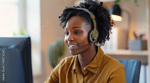 Happy african American woman working remotely on a virtual video team meeting call, remote work and flexible culture concept. Inclusive and diverse workplace. DEI remote working. AI generated	 photo