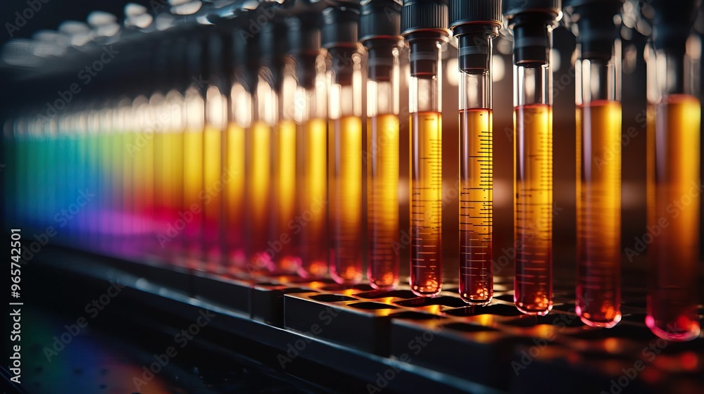 Rows of test tubes with colorful liquids, creating a vibrant scientific background. Rows of test tubes with colorful liquids, creating a vibrant scientific background.