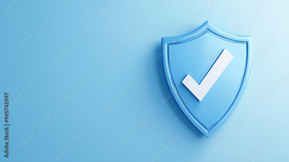 A reflective blue shield with a white checkmark, symbolizing security and protection, floating against a light gradient background, sleek design with ample copy space A reflective blue shield with a white checkmark, symbolizing security and protection, floating against a light gradient background, sleek design with ample copy space