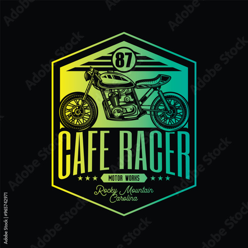 Cafe racer custom motorcycle. Original vector illustration in vintage style isolated on black background. T-shirt design.