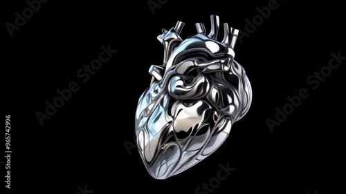 Metallic chrome human heart rotate around in sleek design with reflective surface on dark background