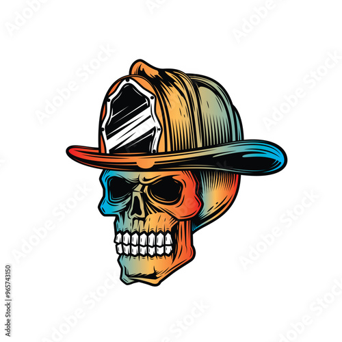 Human skull in a fire helmet. Firefighter. Original vector illustration in vintage style isolated on white background. T-shirt design.