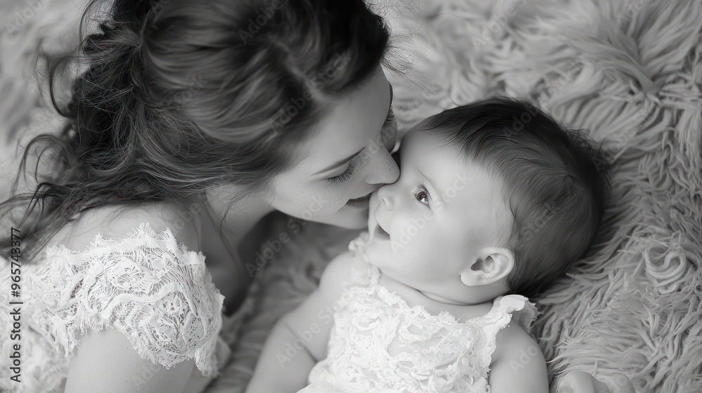 A mother holds her baby close, cradling the infant in her arms. The mother's gaze is full of love and care, while the baby feels safe and secure in her mother's embrace A mother holds her baby close, cradling the infant in her arms. The mother's gaze is full of love and care, while the baby feels safe and secure in her mother's embrace
