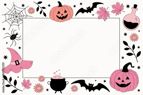 Vector Happy Halloween background for text in pink color. Cartoon festive autumn frame with pumpkins lantern, bat, spider web, stars, potion, plants, moon. Hand drawn border for celebrating Saints