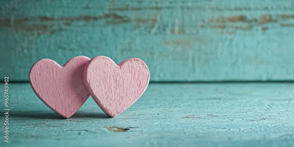 Pink Wooden Hearts on Teal Background for Valentines Day Pink Wooden Hearts on Teal Background for Valentines Day
