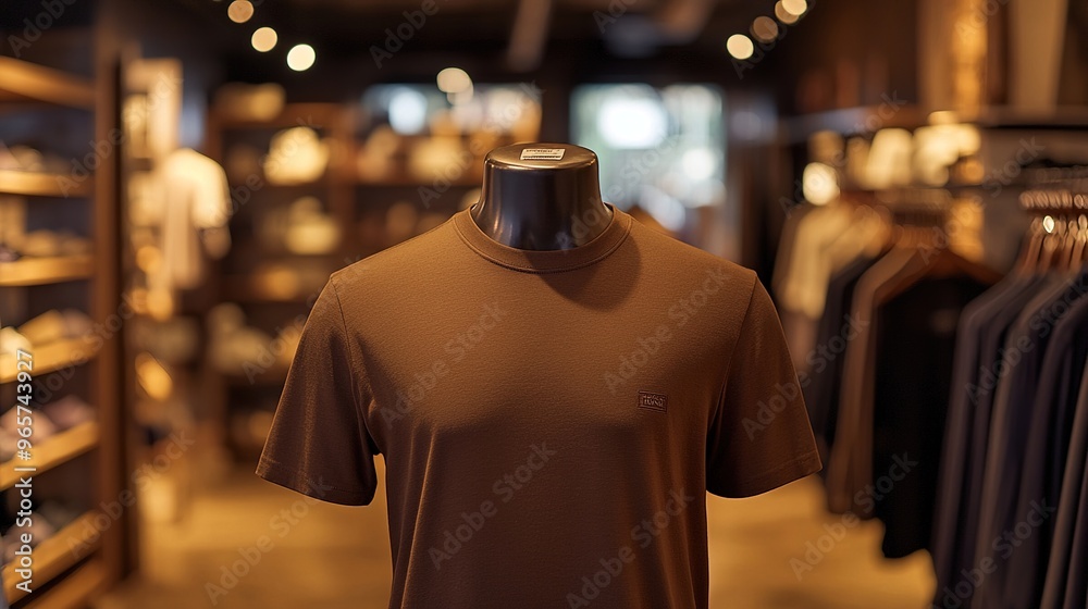 Obraz premium Brown t-shirt displayed on black mannequin in warmly lit clothing store with shelves in background.