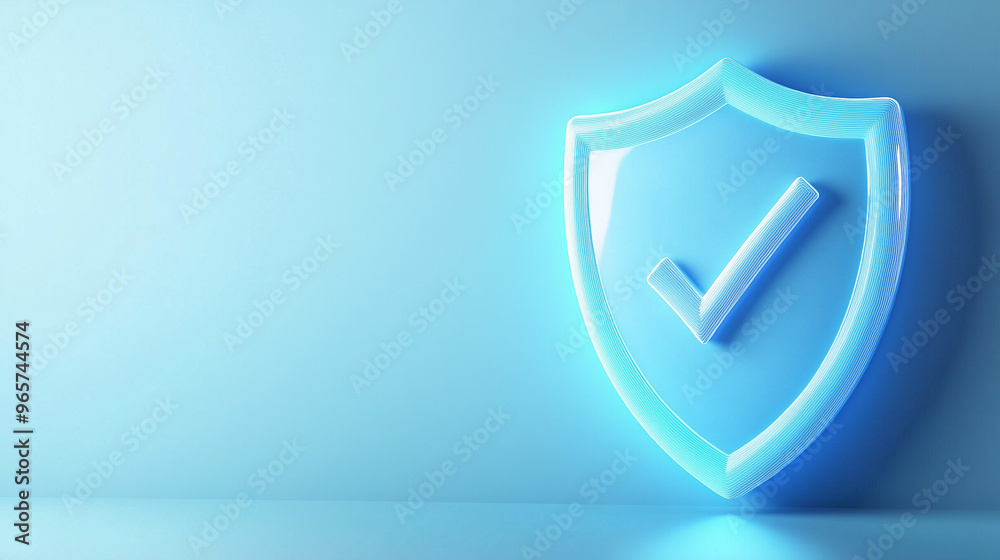 A glowing blue shield with a checkmark symbol, on a minimalist light background, symbolizing safety and cybersecurity, wide banner format, modern and sleek design, with copy space A glowing blue shield with a checkmark symbol, on a minimalist light background, symbolizing safety and cybersecurity, wide banner format, modern and sleek design, with copy space