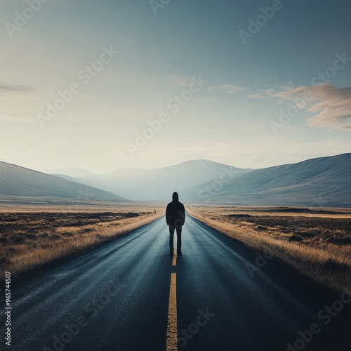 A lone figure stands in the middle of a long, straight road, surrounded by mountains in the distance. photo