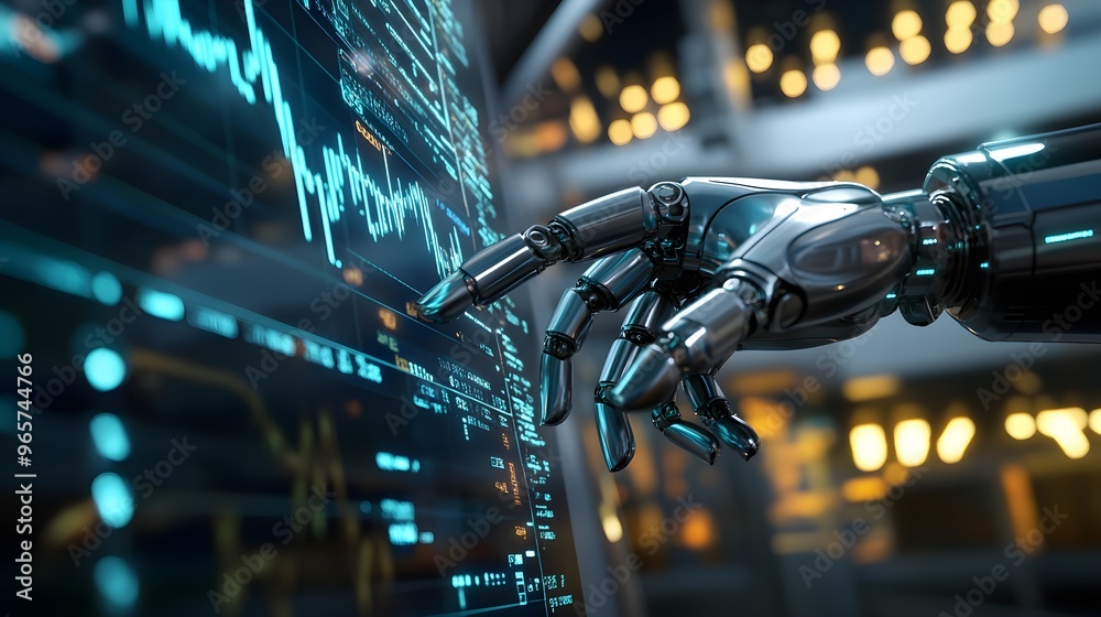 A detailed view of a robot hand presenting a holographic stock chart, glowing with data points and financial trends in a sleek, modern environment A detailed view of a robot hand presenting a holographic stock chart, glowing with data points and financial trends in a sleek, modern environment