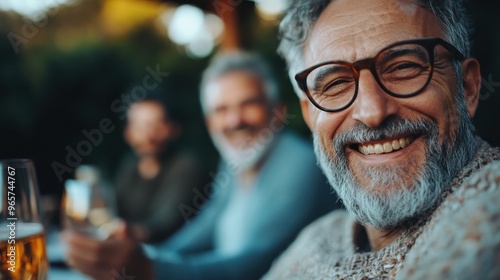 A cheerful elderly man wearing glasses enjoys a social gathering with friends, showcasing happiness, camaraderie and the joy of companionship on a pleasant day outdoors.