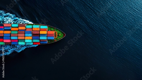 Fototapeta Naklejka Na Ścianę i Meble -  Aerial view of a cargo ship with colorful containers sailing on the ocean.