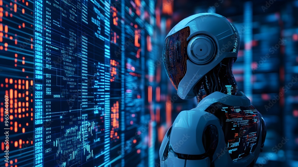 A scene of futuristic bots engaged in digital trading, exchanging binary code instead of traditional currency, with a virtual backdrop of financial networks and algorithms A scene of futuristic bots engaged in digital trading, exchanging binary code instead of traditional currency, with a virtual backdrop of financial networks and algorithms