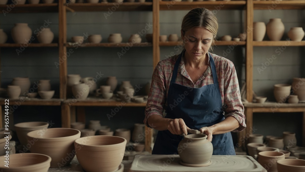 woman in an apron working in a pottery studio shapin woman in an apron working in a pottery studio shapin