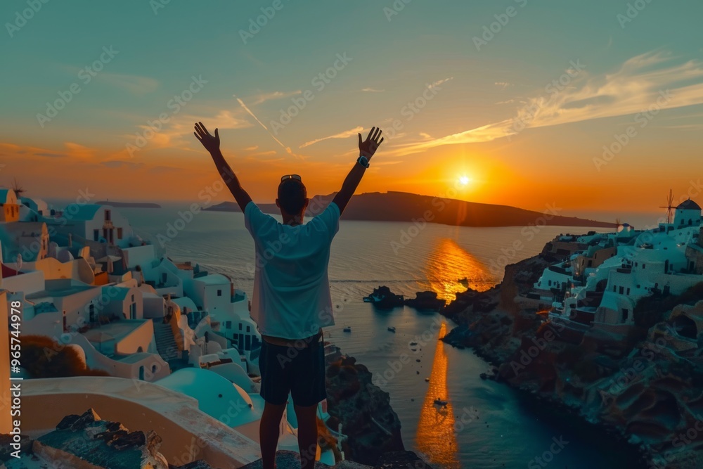 Fototapeta premium Sunset view from a cliff in Santorini with a person celebrating the end of the day by raising their arms