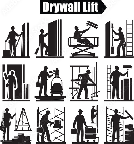 Drywall Lift Tool Black and White Vector Icon Set: Construction, Installation, Repair, and Painting Silhouettes for DIY Home Improvement Projects