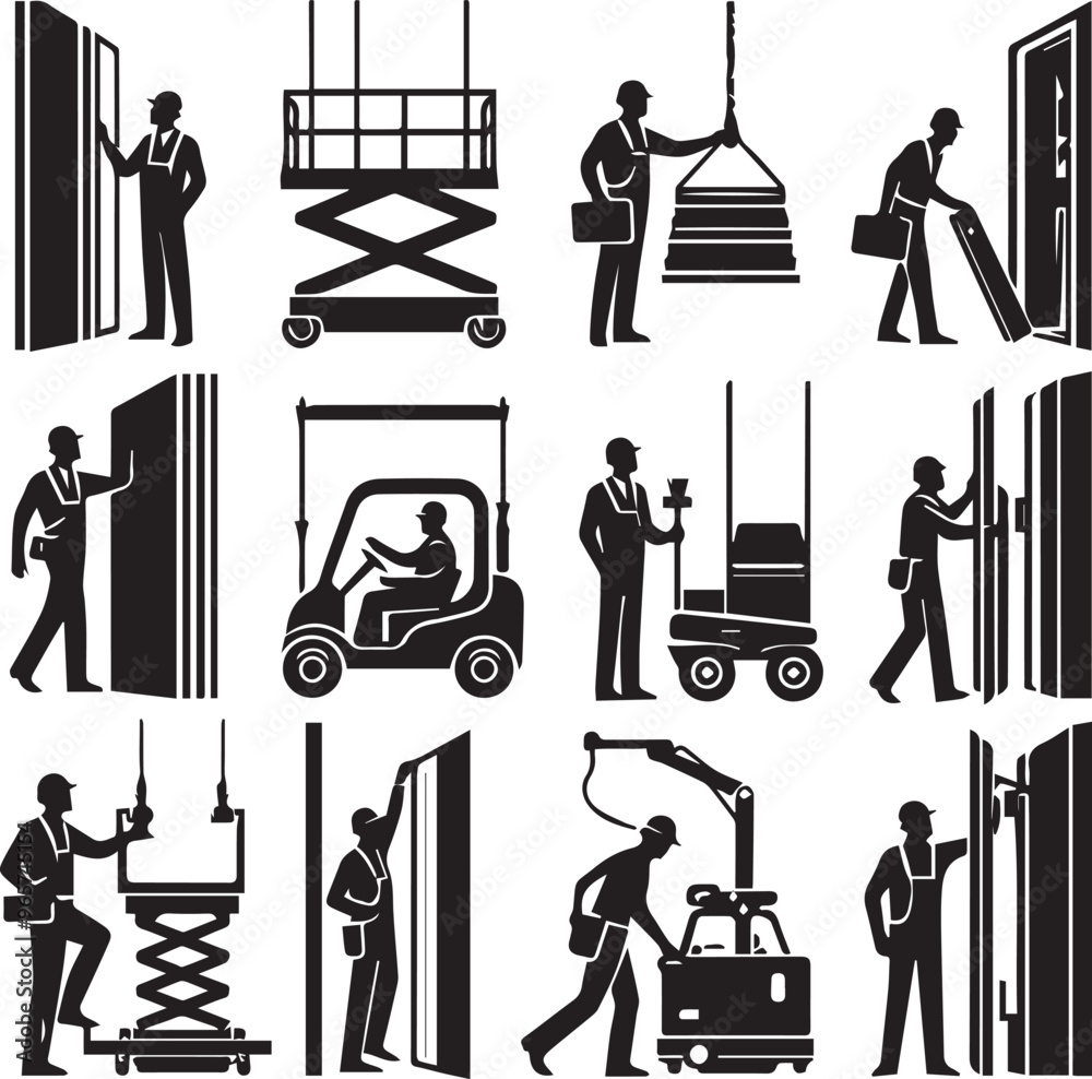 Construction Worker Icons Set: Black and White Vector Illustration of Building Trades, Equipment, and Installation Professionals Silhouette Art