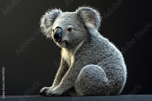 Koala sitting against a dark background.