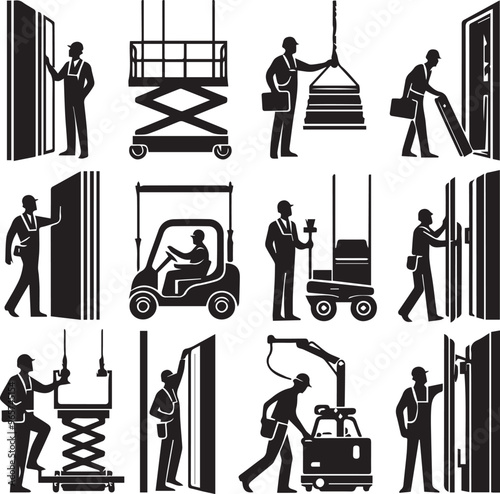 Construction Worker Icons Set: Black and White Vector Illustration of Building Trades, Equipment, and Installation Professionals Silhouette Art