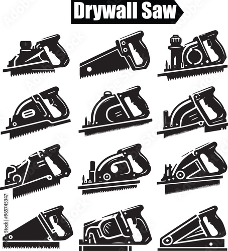 Drywall Saw Vector Set: Hand Tools for Cutting Drywall, Wallboard, and Sheetrock - Black and White Clip Art Illustrations for Construction Projects
