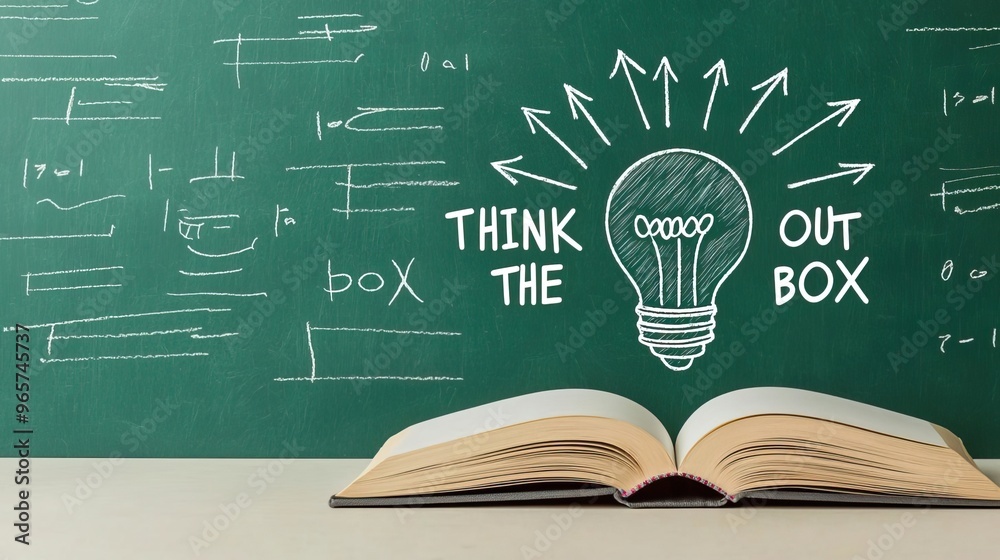 An open book with an illustration of a light bulb and arrows coming out from it, on a blackboard background with mathematical formulas An open book with an illustration of a light bulb and arrows coming out from it, on a blackboard background with mathematical formulas