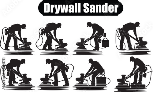 Drywall Sander Vector Illustration: Silhouette Images of Construction Worker Using Power Tool for Wall Finishing, DIY Home Improvement Project