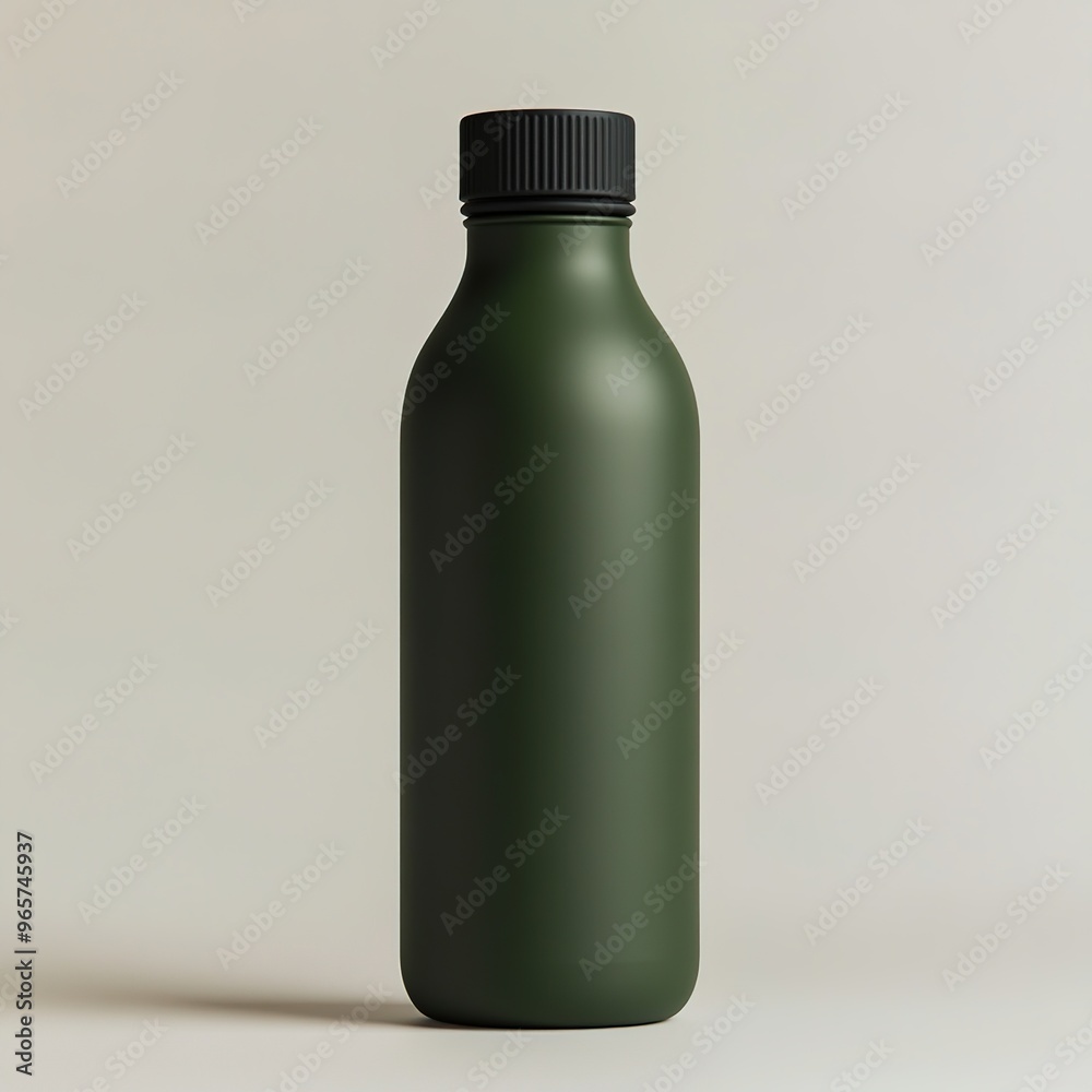 Matte green bottle with black cap in minimalist design, smooth cylindrical shape on plain background. Matte green bottle with black cap in minimalist design, smooth cylindrical shape on plain background.