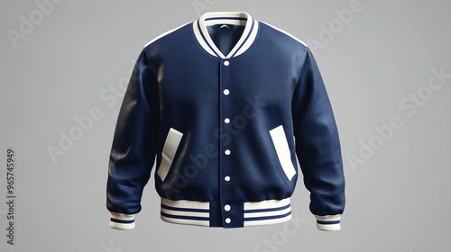 Navy blue varsity jacket with white accents, textured fabric, and white-striped hem and collar. photo