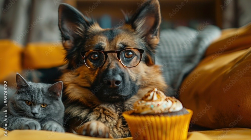 German Shepherd and Grey Cat Celebrating Birthday on Yellow Couch with Cupcake in Apartment German Shepherd and Grey Cat Celebrating Birthday on Yellow Couch with Cupcake in Apartment