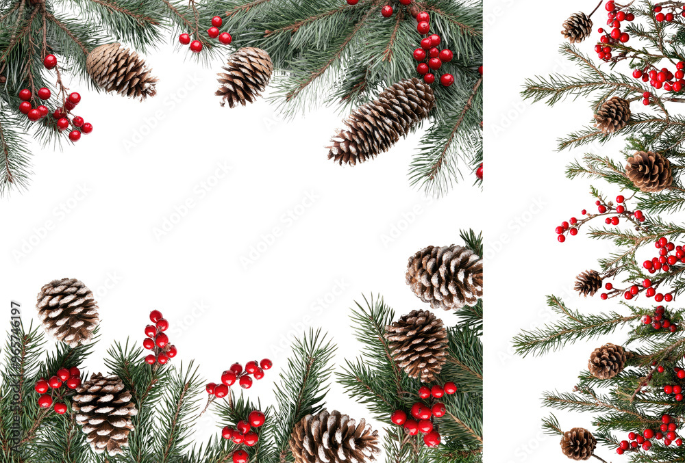 Fototapeta premium Christmas Frame Composition with Pine Tree Branches, Red Berries, and Pine Cones on White Background