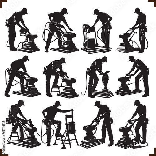 Silhouetted Woodworker Sanding Anvil Vector Art: Black and White Illustration of Craftsman Using Power Tools for Metalworking and Woodworking Projects