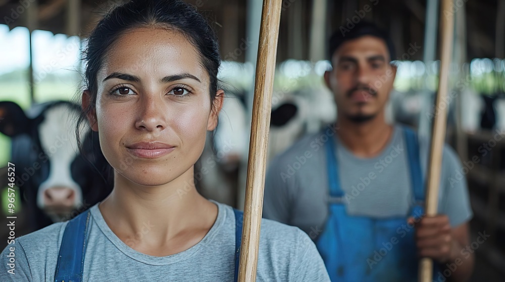 Obraz premium Two women working in a barn, one in the foreground looking at the camera.