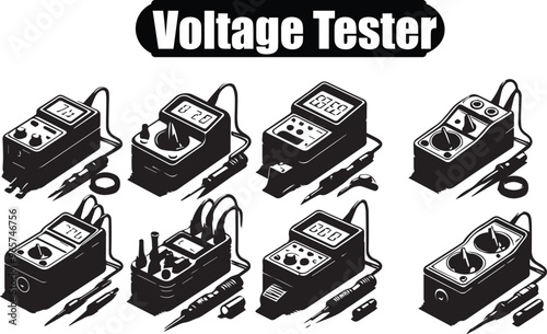 Voltage Tester Vector Illustration: Black and White Clip Art Set of Electrical Multimeters for Circuit Testing and Electronic Repair Design