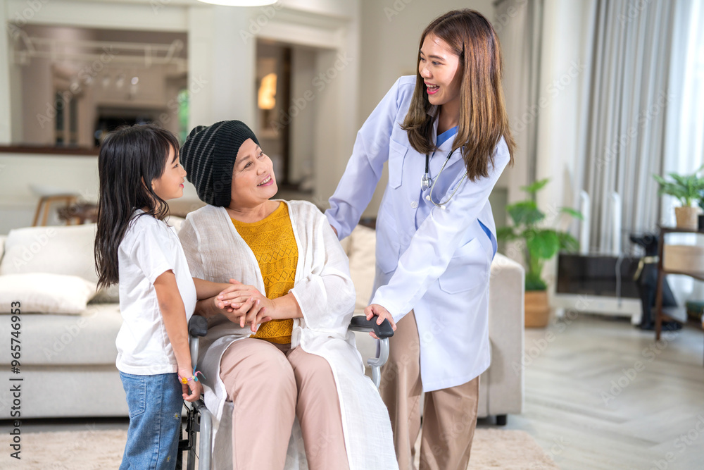 Fototapeta premium Portrait of smiling asian doctor service help support discussing and consulting taking care, caring, caregiver with senior elderly woman with cancer cover head of chemotherapy cancer, cancer day