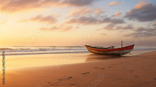 sun umbrella and lounge chairs at sunset
