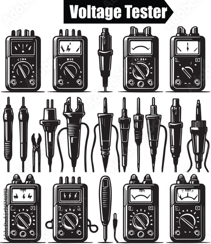 Voltage Tester Tools Vector Illustration: Black and White Graphic Set of Electrical Measurement Instruments for Circuit Analysis and Repair