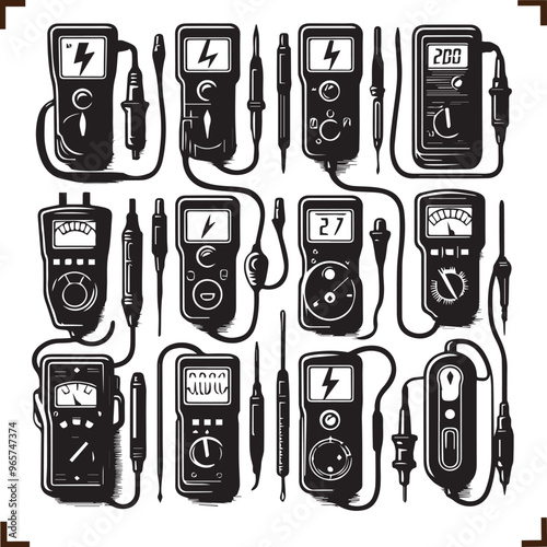Black and White Vector Illustration of Multimeters: Electrical Testing Equipment, Vintage Style, Circuit Analysis Tools for Electronics Repair