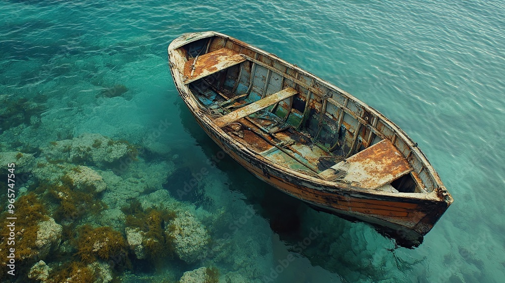 44. An abandoned fishing boat, slowly sinking into the sea, neglect, forgotten dreams 44. An abandoned fishing boat, slowly sinking into the sea, neglect, forgotten dreams