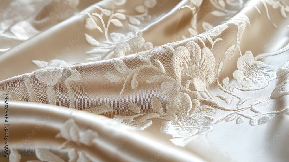 Silky fabric with a subtle sheen and raised floral patterns, exuding elegance and sophistication Silky fabric with a subtle sheen and raised floral patterns, exuding elegance and sophistication