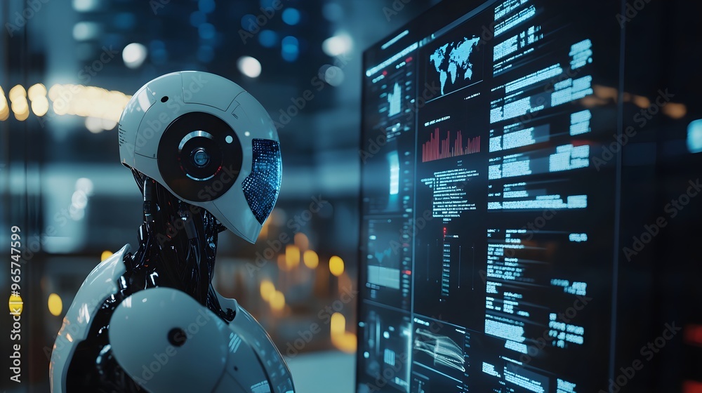 Robots on a high-tech trading floor interacting with holographic stock data, surrounded by digital projections of market trends and financial graphs Robots on a high-tech trading floor interacting with holographic stock data, surrounded by digital projections of market trends and financial graphs