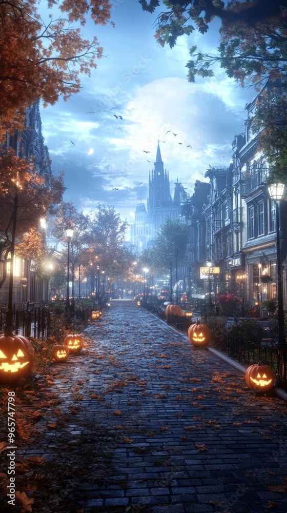 Naklejka premium A deserted city street during Halloween overgrown with vines