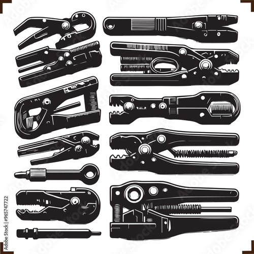 Vector Illustration of Wire Strippers: Collection of Electrical Hand Tools for Wiring, Cable Preparation, and DIY Projects in Black and White