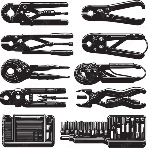 Black and White Vector Illustration of Various Plumbing Tools: Crimpers, Pliers, and a Toolbox for Professional Plumbers and DIY Enthusiasts