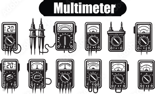 Black and White Vector Illustration of Multimeters: A Collection of Analog and Digital Electrical Testers for Circuit Analysis and Measurement