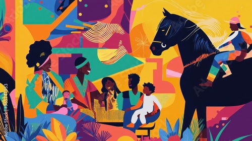 Bright and colourful illustrations of a variety of people, including a man, woman, children and a horse. The figures appear to interact within an abstract environment, with a mix of geometric shapes  photo